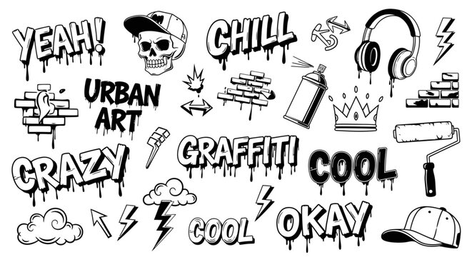 Graffiti Art Elements: Urban Style Drip Text, Skull, Headphones, Spray Can, Crown