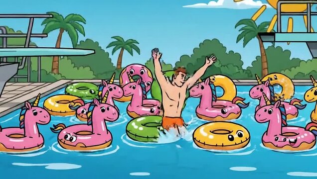 Summer Fun - Man Diving into Pool with Floats.