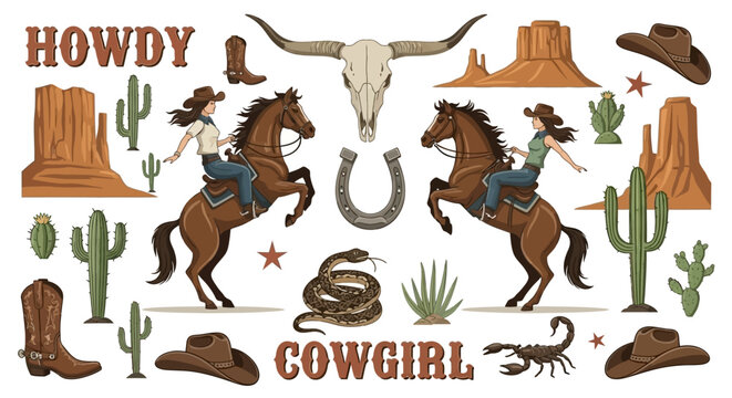 Western Cowboy and Cowgirl Themed Illustration with Desert Elements and Animals