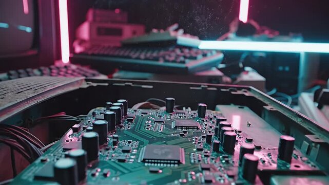 Retro Computer Circuit Board Close-Up - A close-up shot shows an open, vintage computer case revealing its green circuit board with various electronic components.