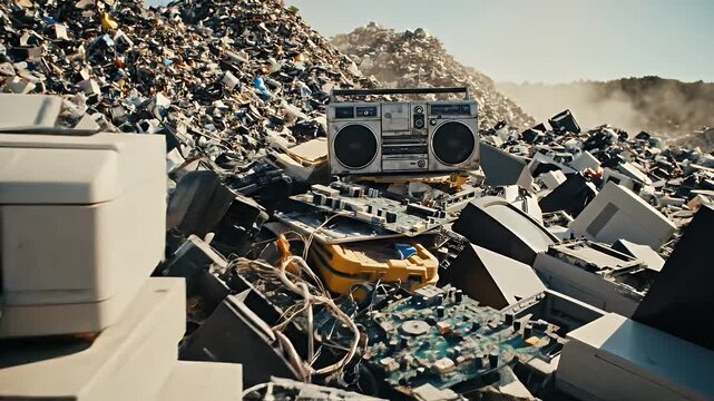 Electronic Waste Landfill - A landfill full of old electronics like printers, boomboxes, and circuit boards. The pile of trash stretches to the horizon under a clear sky.