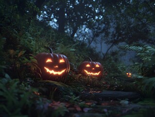 Halloween night scene &ndash; glowing Jack-O-Lanterns in haunted forest