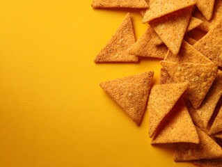 Triangle corn chips scattered over a bright yellow background