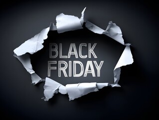 White torn hole in paper on black wall background with the writing BLACK FRIDAY