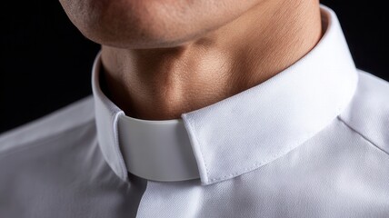 Priest wearing white clerical shirt with roman collar, representing faith, devotion, service and religious
