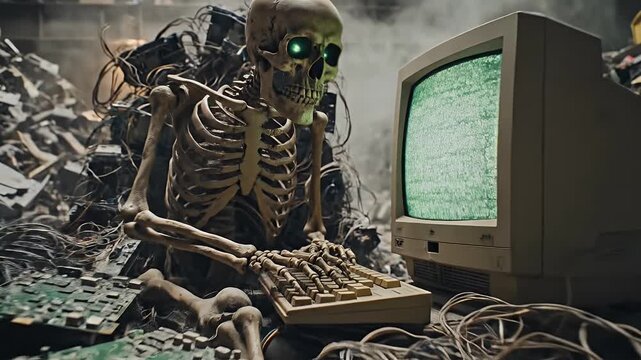 Skeleton Hacker Still Online - A weathered skeleton sits hunched over an old computer, its glowing green eye fixed on the static screen.