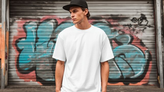 A young man poses wearing a white t shirt and black cap in front of a colorful graffiti wall. The background shows vibrant street art and urban elements.