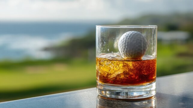 A drink is on a table with a golf ball floating in the glass. The scene shows a beautiful view of the ocean on a sunny day with greenery in the background.