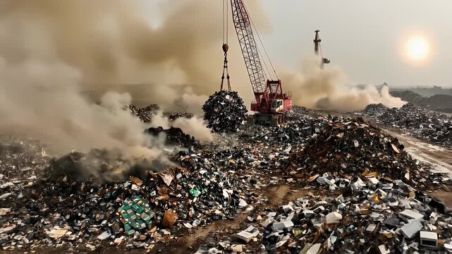Scrap Metal Recycling Plant with Crane - A large red crane lifts a ball of crushed metal above piles of scrap at a recycling plant. Hazy conditions and smoke fill the sky around the piles of refuse.