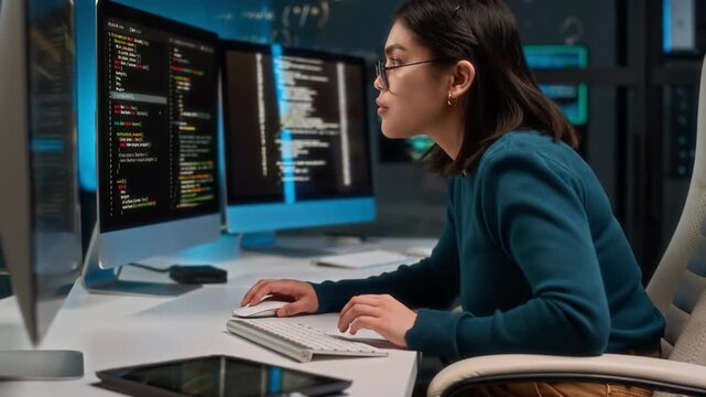 Gen Z female white-hat hacker testing security system at work in modern IT company office equipped with newest computers