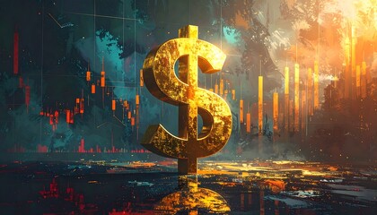 A gold dollar sign stands prominently before a backdrop of financial data, with dynamic color gradients and a textured look