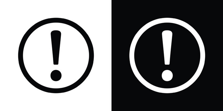 Exclamation point inside a circle in black and white styles. Universal warning symbol for alerts, hazards, important notifications, and error messages. Clean vector design.