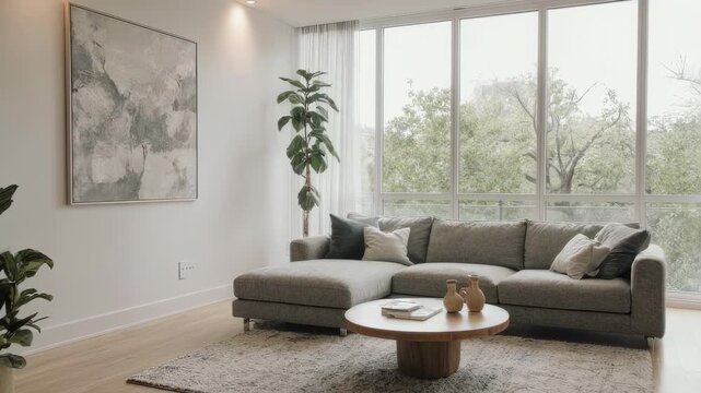 Modern living room interior with grey sectional, large windows, and plants