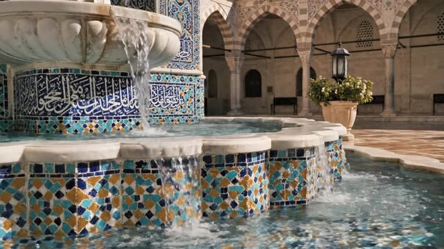 A stunning ornate fountain with water gracefully flowing, adorned with intricate blue, gold, and white mosaic tilework and elegant script. The tranquil scene is set within a sunlit courtyard featuring