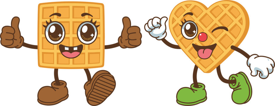 Cute waffle cartoon characters with funny faces, square and heart shaped waffles giving a thumbs up sign