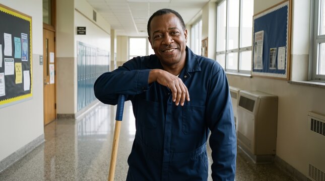 Black man in blue coveralls leaning on broom handle and smiling in school hallway. Education facility maintenance and essential worker occupation banner with copy space