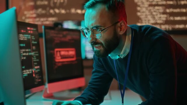 Serious Middle Eastern cybersecurity specialist typing on computer, fighting malware, critical error message visible on screen in background