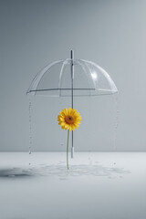 surreal concept image of a yellow sunflower protected by a clear glass umbrella from rain symbolizing resilience on a white background.