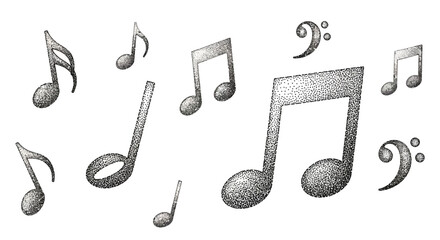 Collection of Dotted Musical Notes and Bass Clefs Arranged Artistically