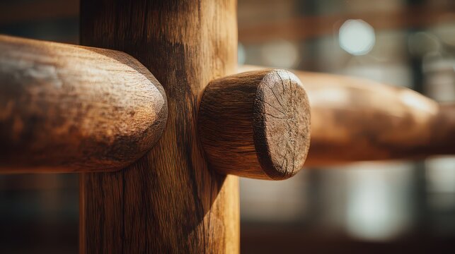 Macro portrait of a traditional Wing Chun training dummy with arms and leg mechanism