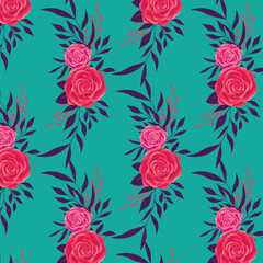  pink and red roses with deep purple leaves and small berries,  teal background
