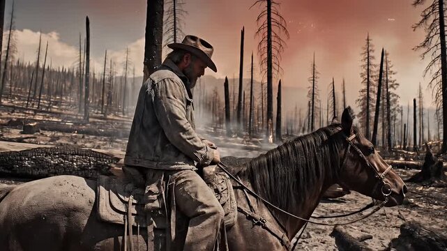 Cowboy on Horseback in Burned Forest - A cowboy in a hat and rugged clothing rides a horse through a forest that has been ravaged by fire.