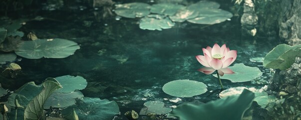 Serene lotus flower blossoming in a tranquil pond surrounded by lily pads