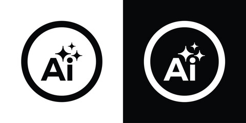 AI text logo with decorative sparkles inside a circle. Modern artificial intelligence icon for tech branding, software generation, and digital assistants. Clean black and white vector design.