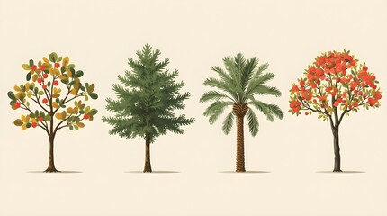 Fototapeta premium Four stylized tree illustrations depict different types of foliage.