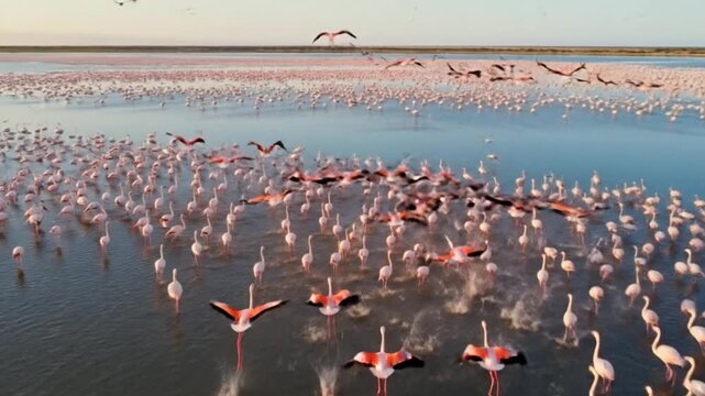 Aerial view of a large flock of flamingos wading in shallow water.