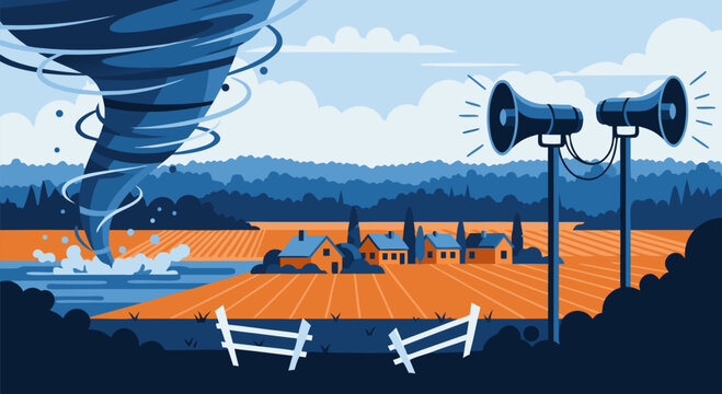 Tornado Alert System vector illustration depicting a rural town during a powerful storm with sirens and wind alerts