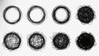Scribble Circle Vector Evolution &ndash; Abstract Black Line Progression, Transparent Background, Minimalist Chaos to Density Transition for Design Concepts, Artistic Development, Editable Vector Graphics