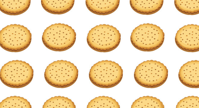 Repeating pattern of round golden brown crackers or cookies with small holes on the surface, displayed in rows over a clean white background.