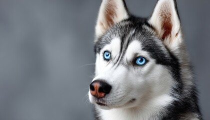 Obraz premium Stunning Siberian Husky with Enigmatic Light Blue Eyes, Perfect for Photography and Pet Lovers.