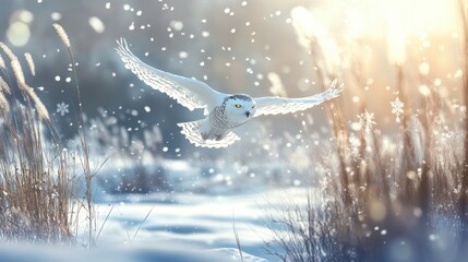 Majestic Snowy Owl in Flight During a Winter Snowfall Landscape