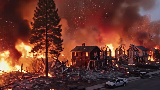 Town Destroyed by Wildfire - A row of houses burns in an intense wildfire, with flames engulfing homes and sending sparks flying.
