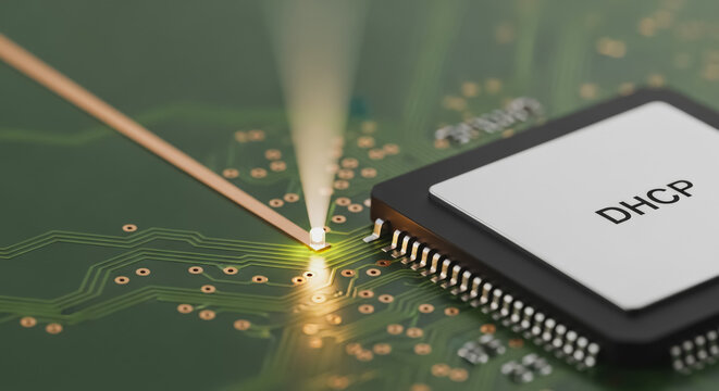 DHCP (Dynamic Host Configuration Protocol) Microchip on PCB, 3D rendering of automated network IP address assignment and server communication technology concept.