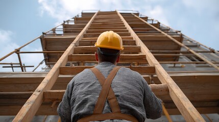 Fototapeta premium Construction worker in yellow helmet climbing wooden scaffolding ladder against blue sky