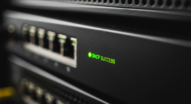 DHCP Success Status Indicator Light on Black Network Switch or Router in Data Center Server Rack Configuration