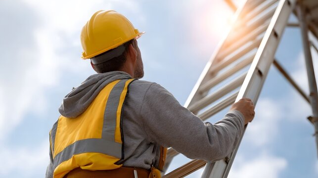 A construction worker wearing a yellow hard hat and safety vest is ascending a tall metal ladder against a bright sky