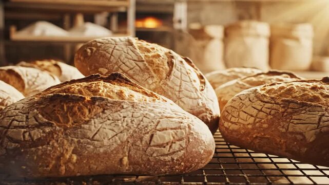 Golden crusty artisanal sourdough bread loaves cooling on a rack in a warm bakery setting