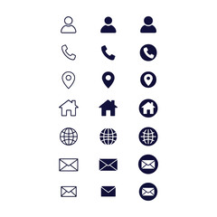 Set of contact icons outline, filled, and circle variations