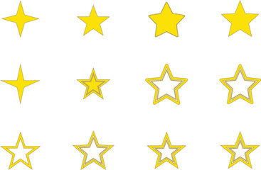 Obraz premium Collection of yellow stars, including outlined and solid variations, suitable for creating star rating systems, award designs, or decorative elements. Simple and clean vector graphics.