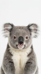 Cute Koala Baby Portrait With Soft Gray Fur And White Chest On White Background Close-Up