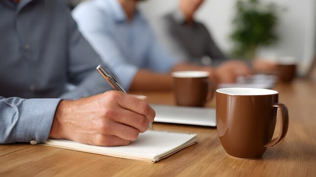 Professionals collaborating at a table taking notes and drinking coffee during a business meeting