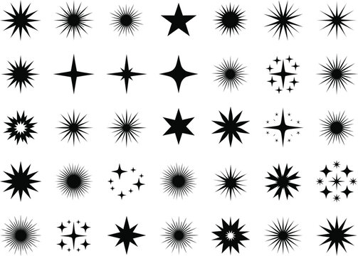 Variety of 30 sharp starbursts, simple stars, and sparkling geometric shapes in black on white, ideal for graphic design and embellishments.