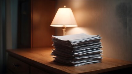 A tall stack of documents rests on a wooden desk beneath the warm glow of a table lamp