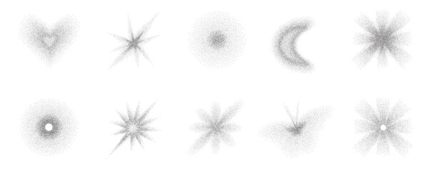 Grain black gradient stippling shapes. Set of dotted heart figures and flower elements. Trendy Y2K with halftone effects geometric stars icon designs. Vector gradation grain noise form isolated no bg. © Syuzann q
