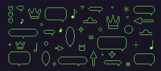 Pixel dialogue boxes set. 8bit retro green speech bubbles outlines set. Game pixel art chat text boxes with crown, music note, arrows. Vector talk frames balloons messages set isolated.
