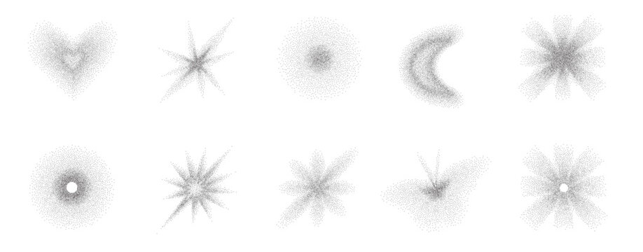 Grain black gradient stippling shapes. Set of dotted heart figures and flower elements. Trendy Y2K with halftone effects geometric stars icon designs. Vector gradation grain noise form isolated no bg.
